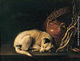 Gerrit Dou Famous Paintings - Sleeping Dog with Terracotta Jug, Basket and Kindling Wood